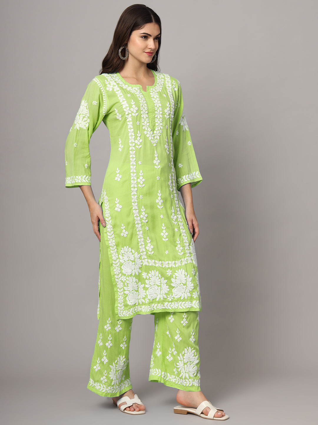Women Hand Embroidered Chikankari Modal Kurta set-AL4049KS Green