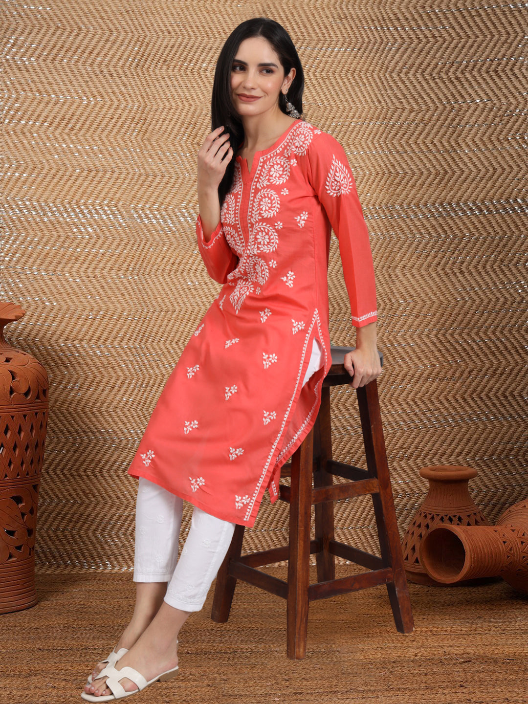 Hand Embroidered Chikankari Cotton Straight Kurta-AL3997 Coral