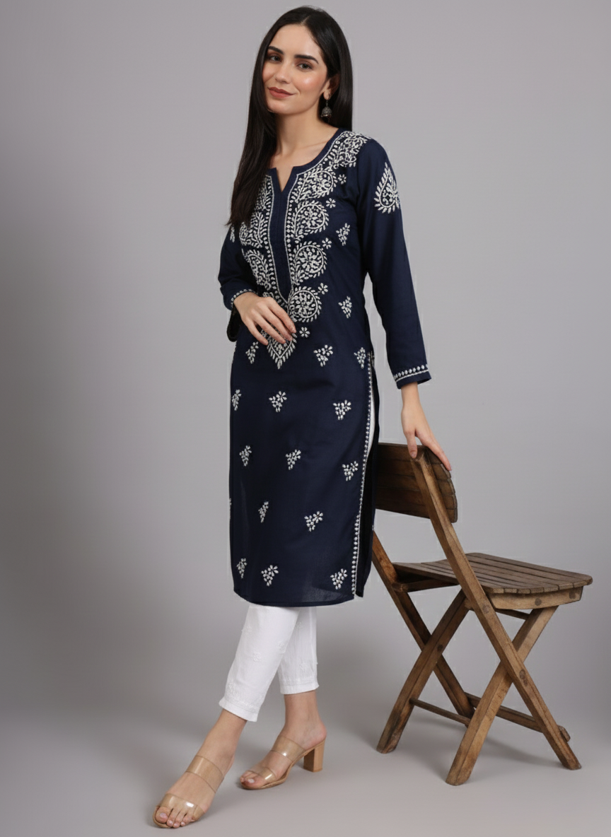 Women Chikankari Hand Embroidered Cotton Kurta -AL3997 Navy