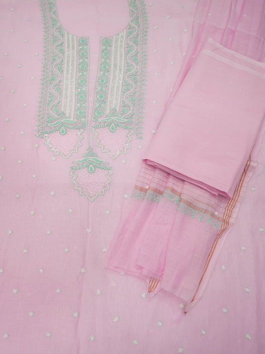 Women Hand Embroidered Premium Chikankari Mul Chanderi Unstitched Kurta Dupatta Bottom Set-ALSCA85201FS Pink