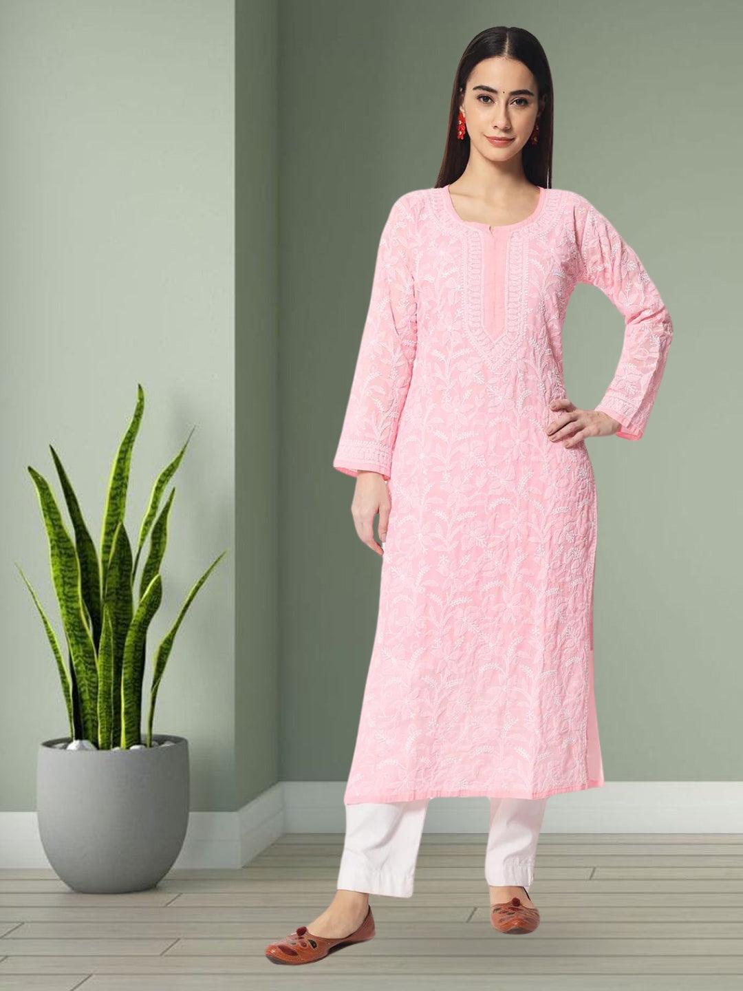 Women Hand Embroidered Chikankari Cotton Straight Kurta- AL3592 Pink
