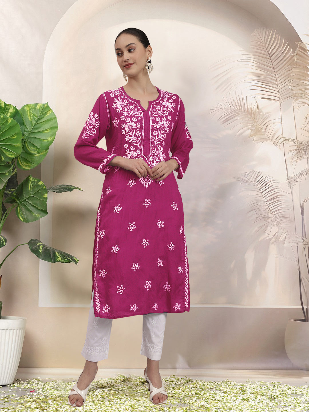 Women Hand Embroidered Chikankari Modal Kurta-AL4059 Magenta