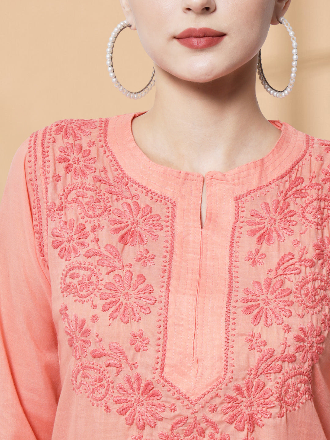 Hand Embroidered Chikankari Cotton Straight Kurti-AL3405 Peach