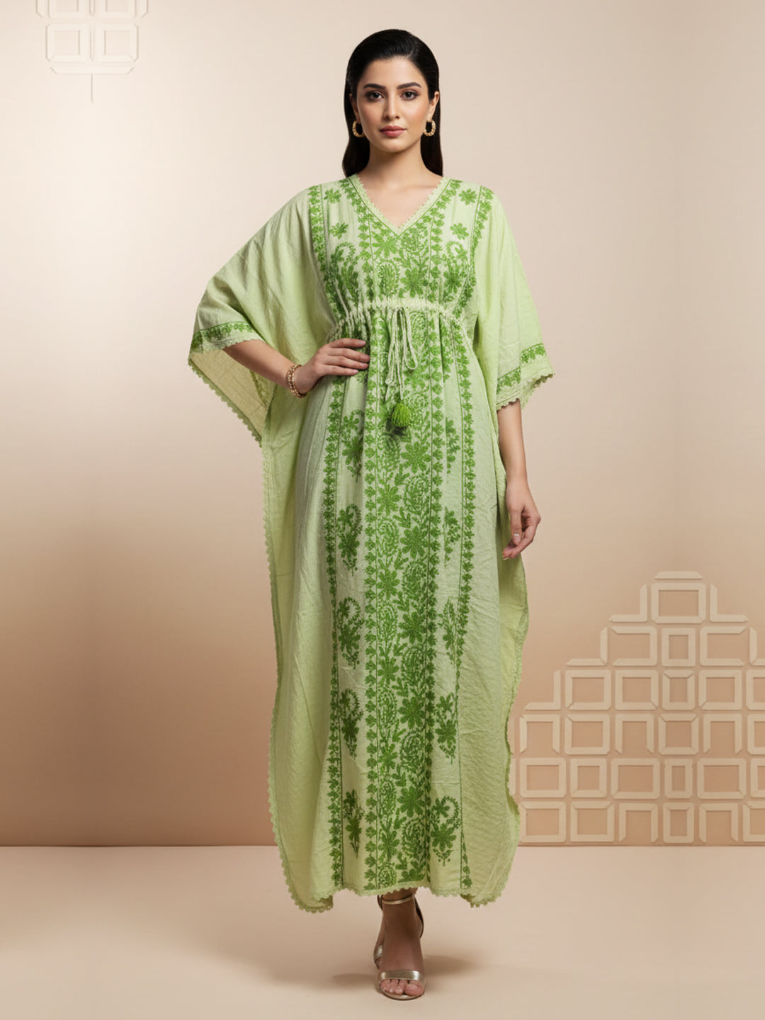 Hand Embroidered Chikankari Rayon Kaftan-AL3475 Parrotgreen