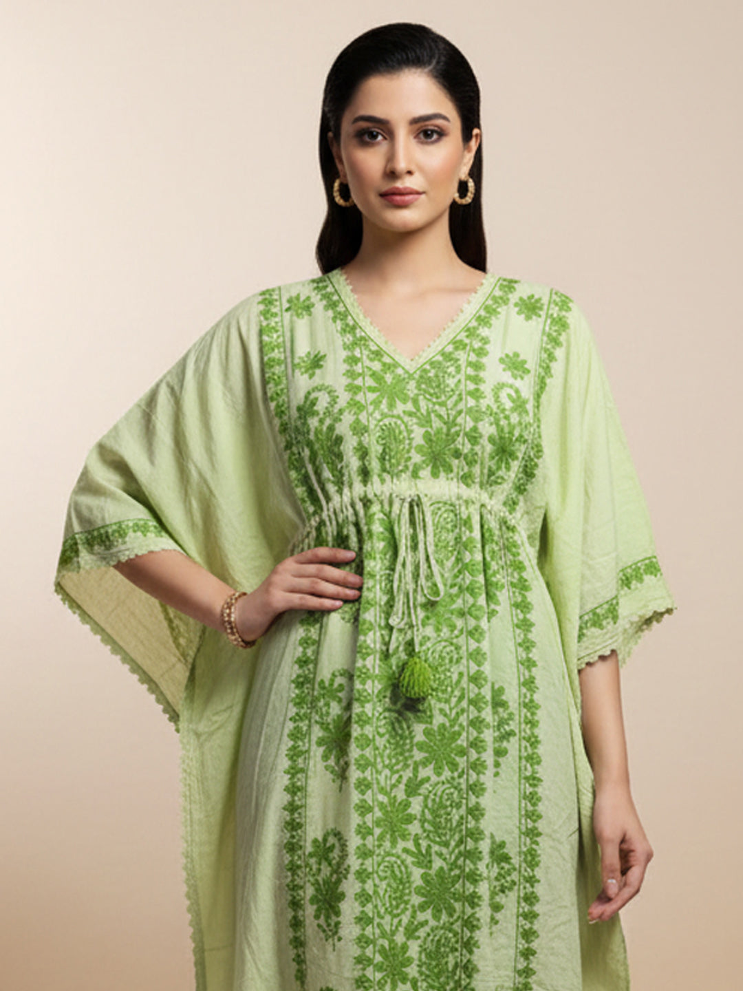Hand Embroidered Chikankari Rayon Kaftan-AL3475 Parrotgreen