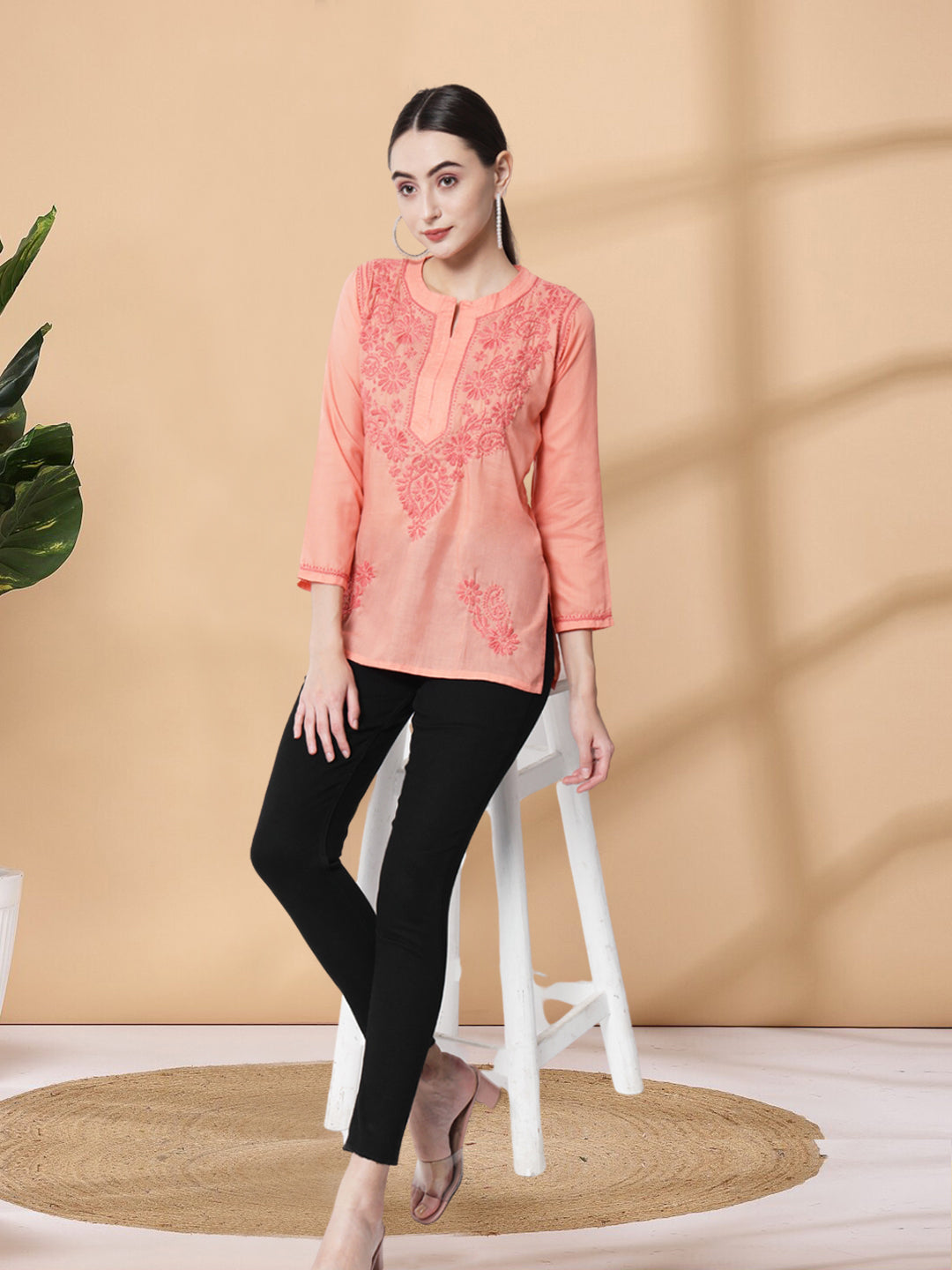 Hand Embroidered Chikankari Cotton Straight Kurti-AL3405 Peach