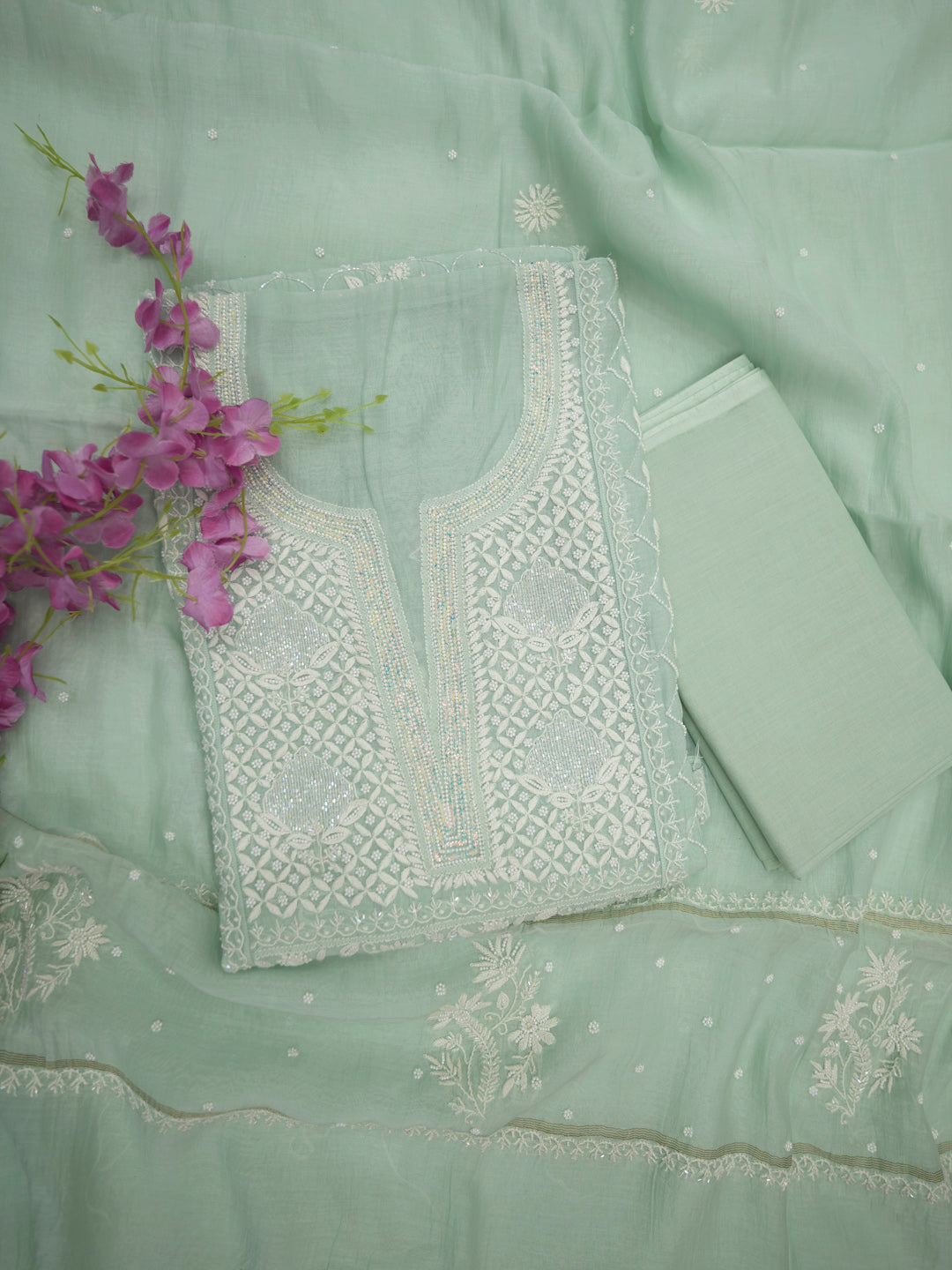 Women Hand Embroidered Premium Chikankari Mul Chanderi Unstitched Kurta Dupatta Bottom Set-ALSCA85201FS Sea Green