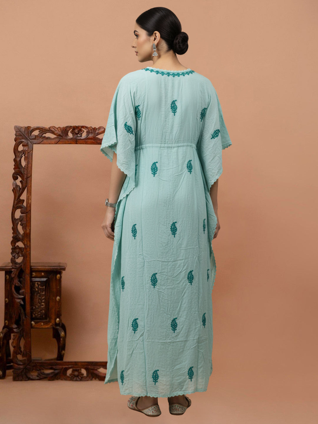 Hand Embroidered Chikankari Rayon Kaftan-AL3474 Ramagreen