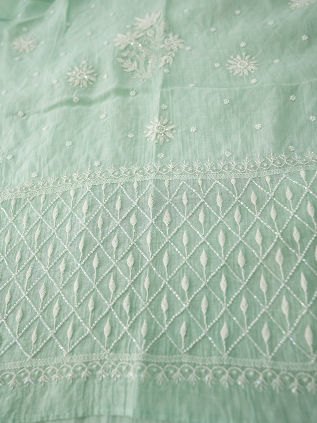 Women Hand Embroidered Premium Chikankari Mul Chanderi Unstitched Kurta Dupatta Bottom Set-ALSCA85201FS Sea Green