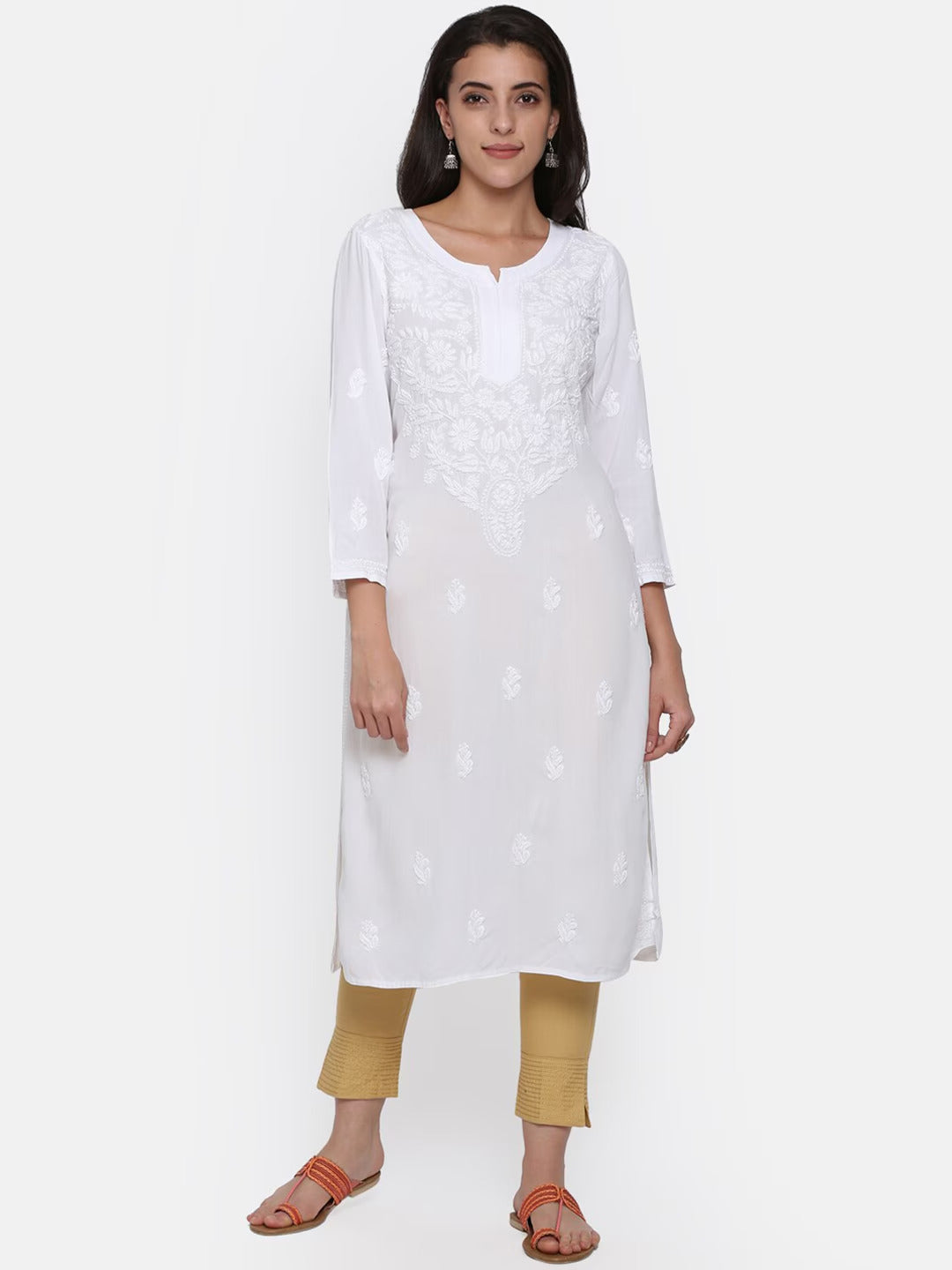 Hand Embroidered Chikankari Rayon Straight Kurta-AL3451 White