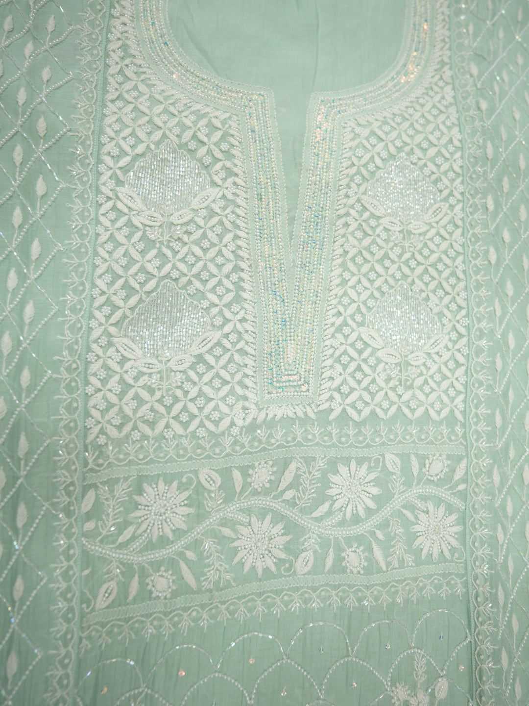 Women Hand Embroidered Premium Chikankari Mul Chanderi Unstitched Kurta Dupatta Bottom Set-ALSCA85201FS Sea Green
