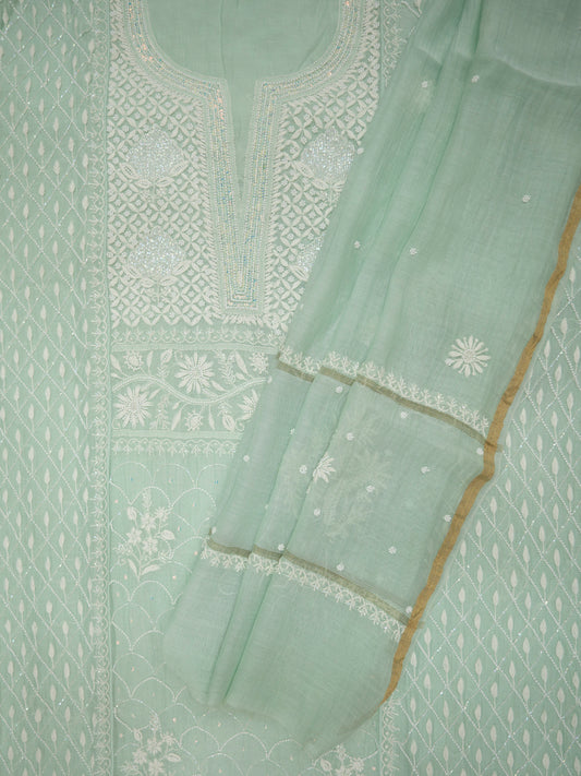 Women Hand Embroidered Premium Chikankari Mul Chanderi Unstitched Kurta Dupatta Bottom Set-ALSCA85201FS Sea Green