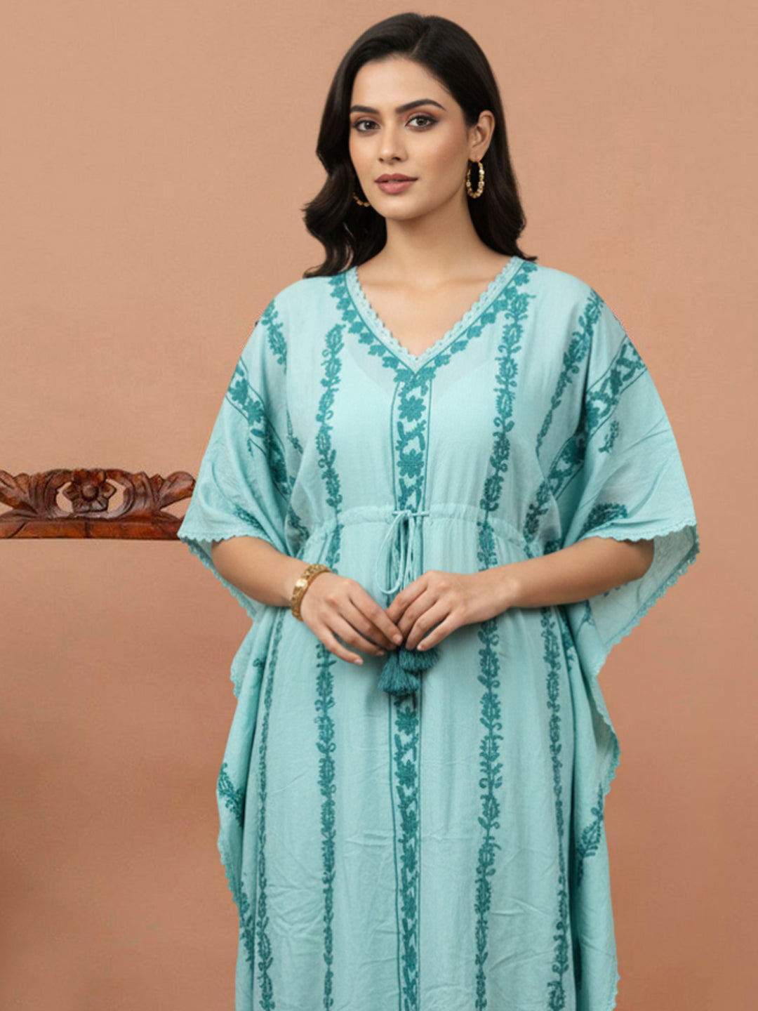 Hand Embroidered Chikankari Rayon Kaftan-AL3474 Ramagreen