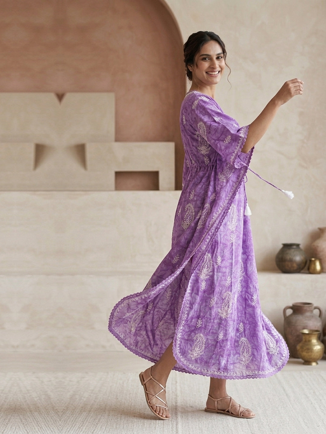 Hand Embroidered Chikankari Cotton Kaftan-AL3833 New Mauve