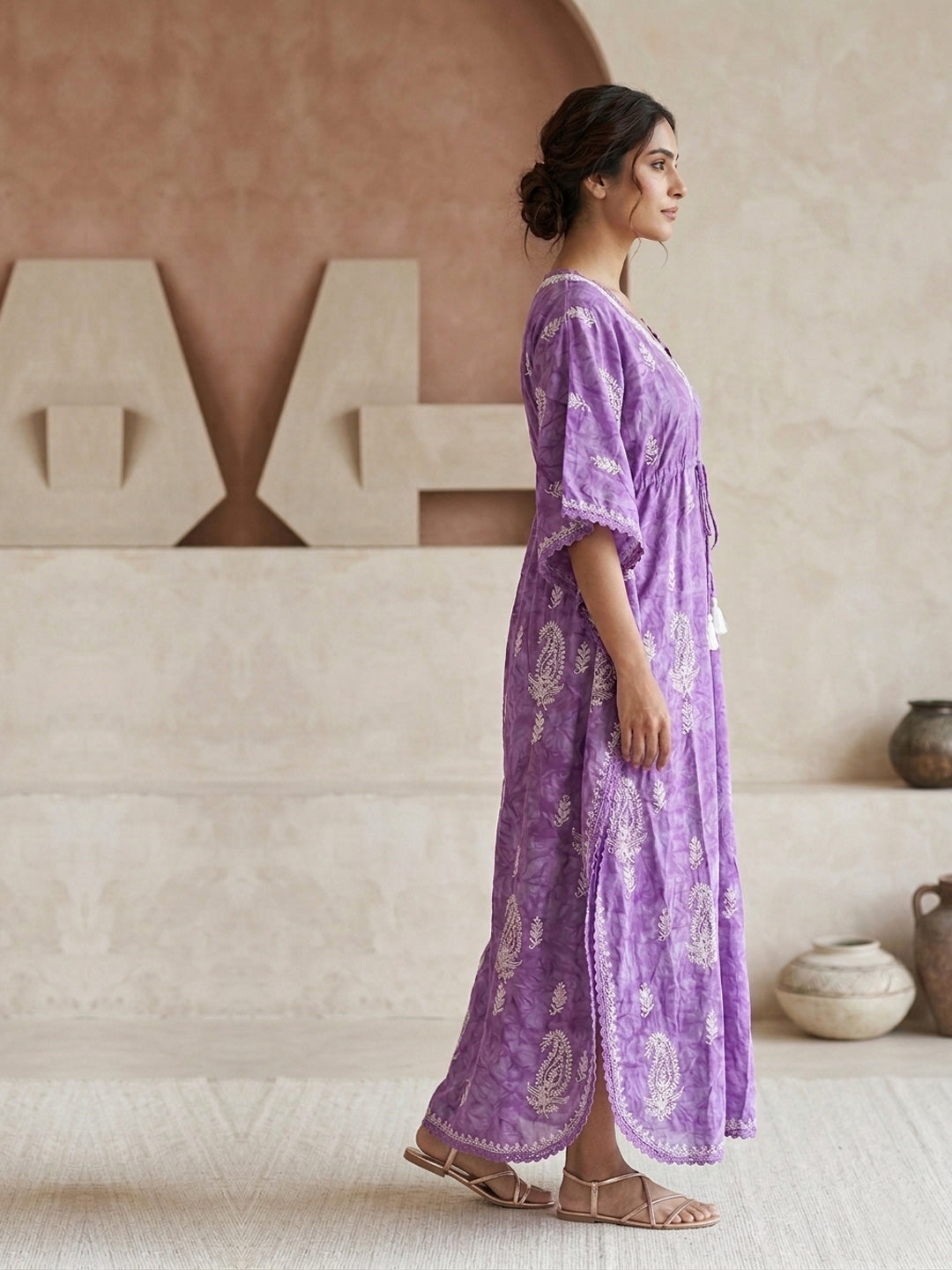 Hand Embroidered Chikankari Cotton Kaftan-AL3833 New Mauve
