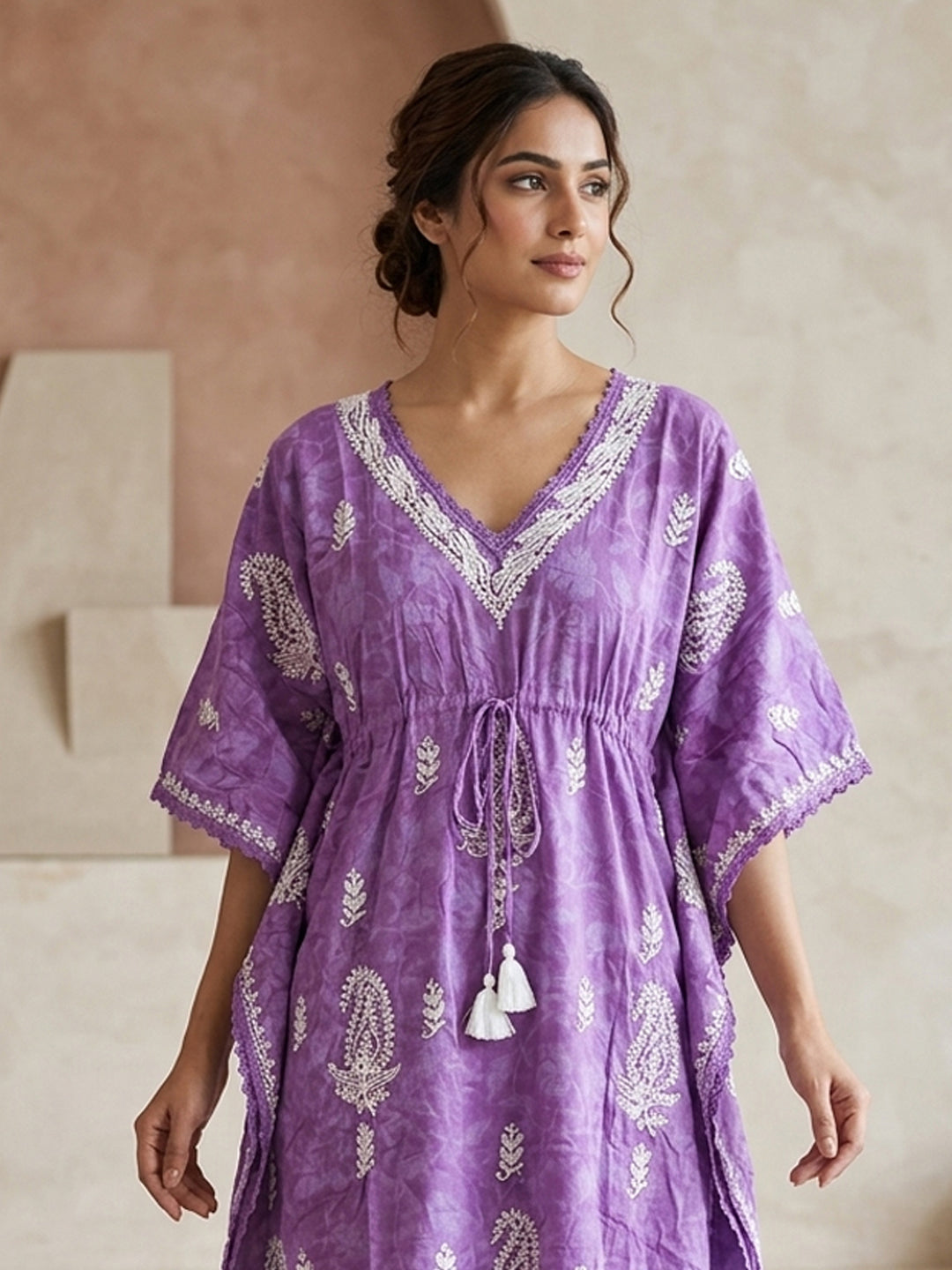 Hand Embroidered Chikankari Cotton Kaftan-AL3833 New Mauve