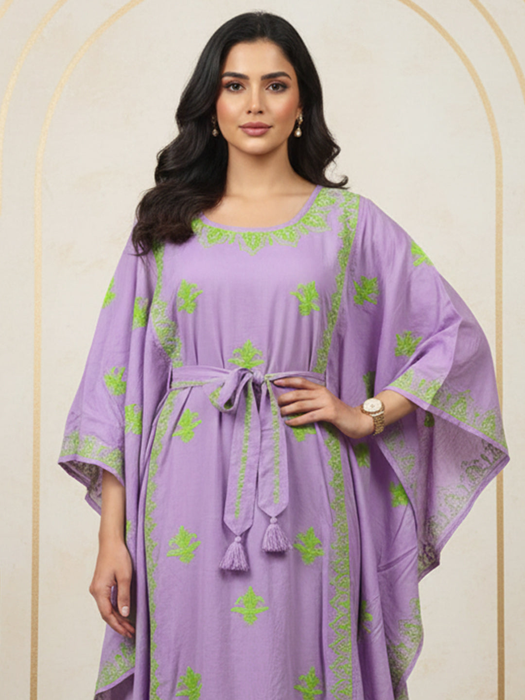 Hand Embroidered Chikankari Modal Kaftan-AL3604A Mauveandgreen