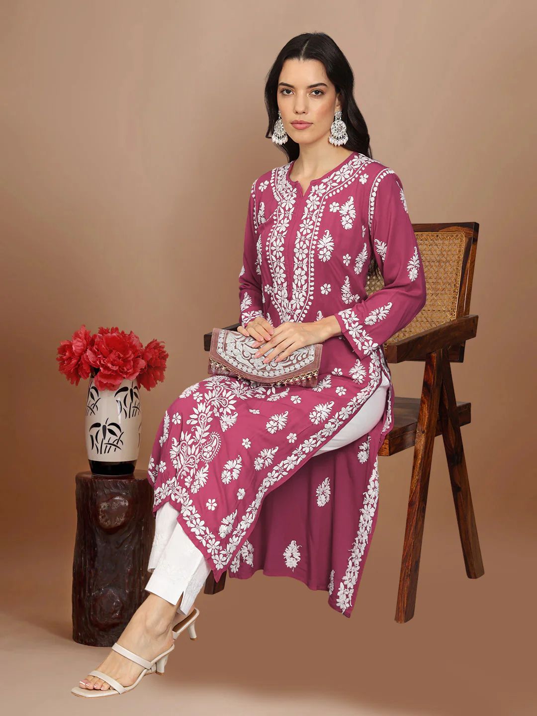 Women Chikankari Hand Embroidered Modal Kurta -AL4042 Mulberry