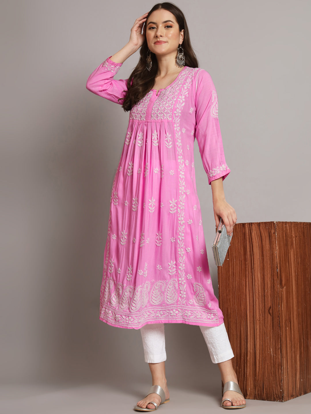 Women Hand Embroidered Chikankari Rayon Kurta-AL3549 Darkpink