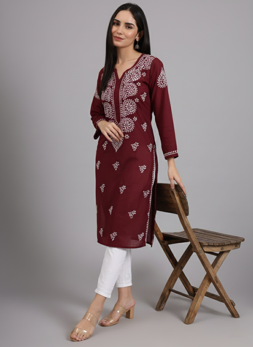 Women Chikankari Hand Embroidered Cotton Kurta -AL3997 Maroon