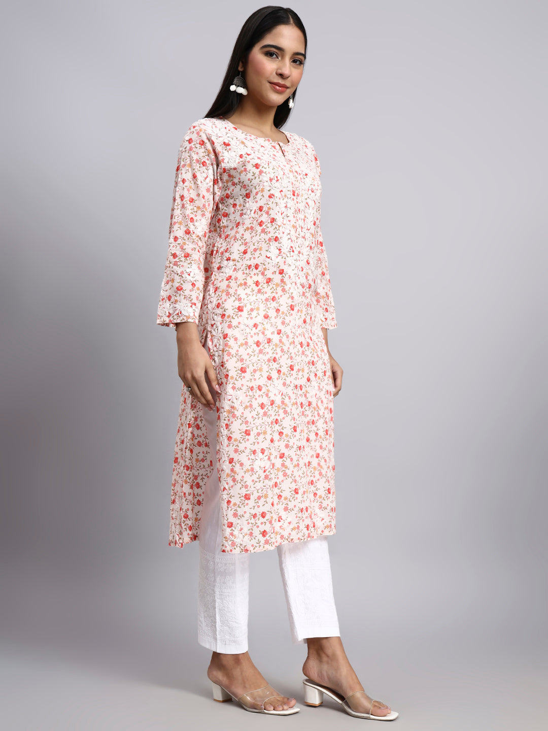 Hand Embroidered Chikankari Cotton Kurta-AL4105 Red