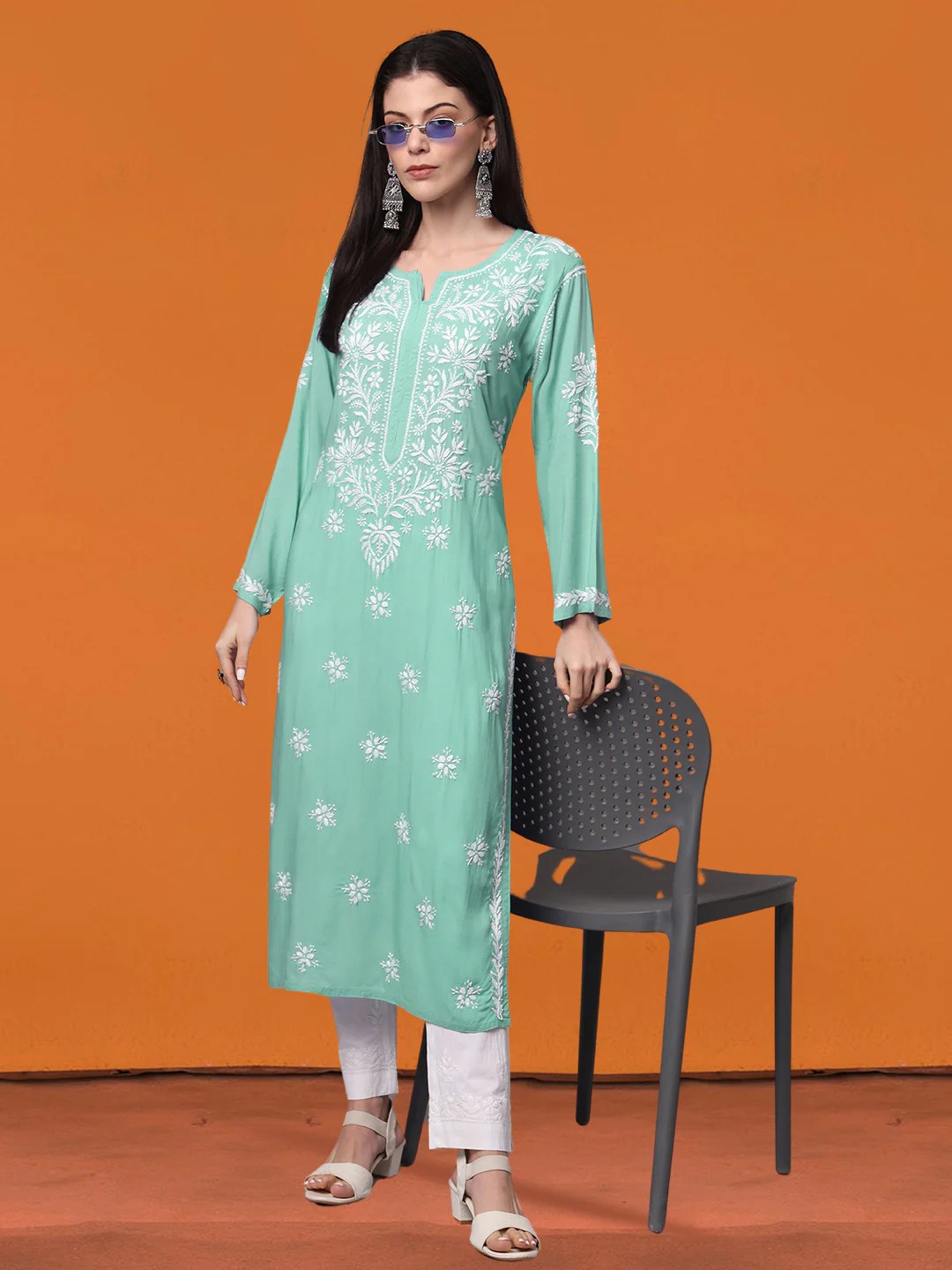 Women Hand Embroidered Chikankari Modal Kurta-AL4059 Sea Green