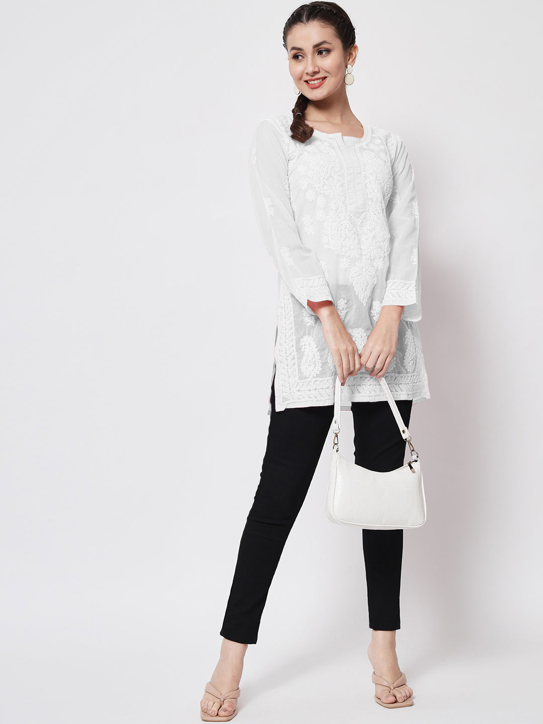 Hand Embroidered Chikankari Cotton Straight Kurti-AL3595 White