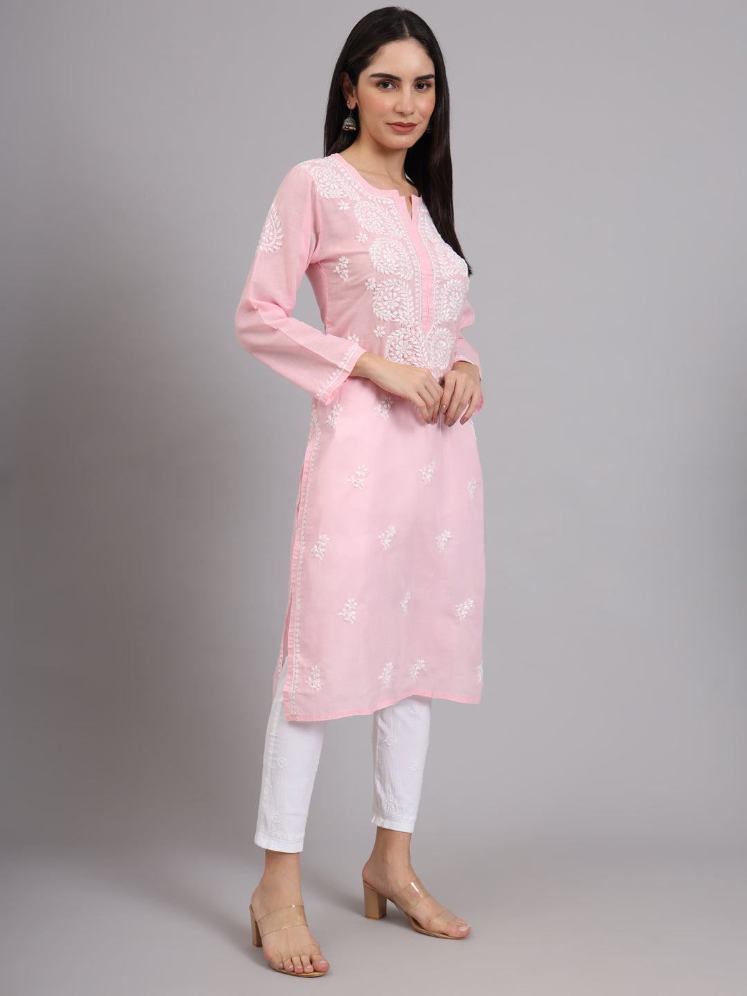 Hand Embroidered Chikankari Cotton Straight Kurta-AL3997 Pink