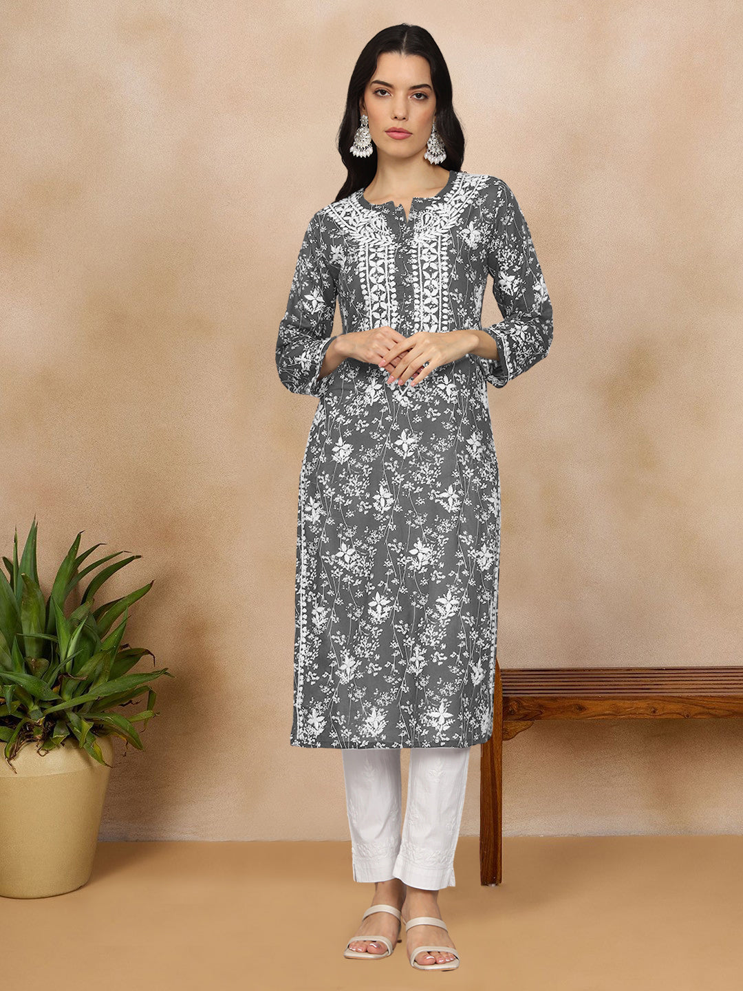 Women Hand Embroidered Chikankari Mulmul Cotton Printed Kurta-AL4041 Grey