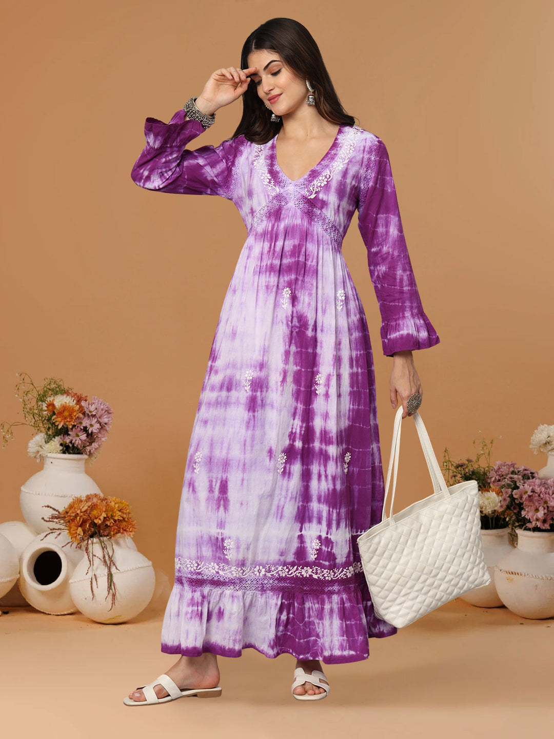 Women Chikankari Hand Embroidered Cotton Jalabiya in Tie-Dye shades-AL2160 Mauve