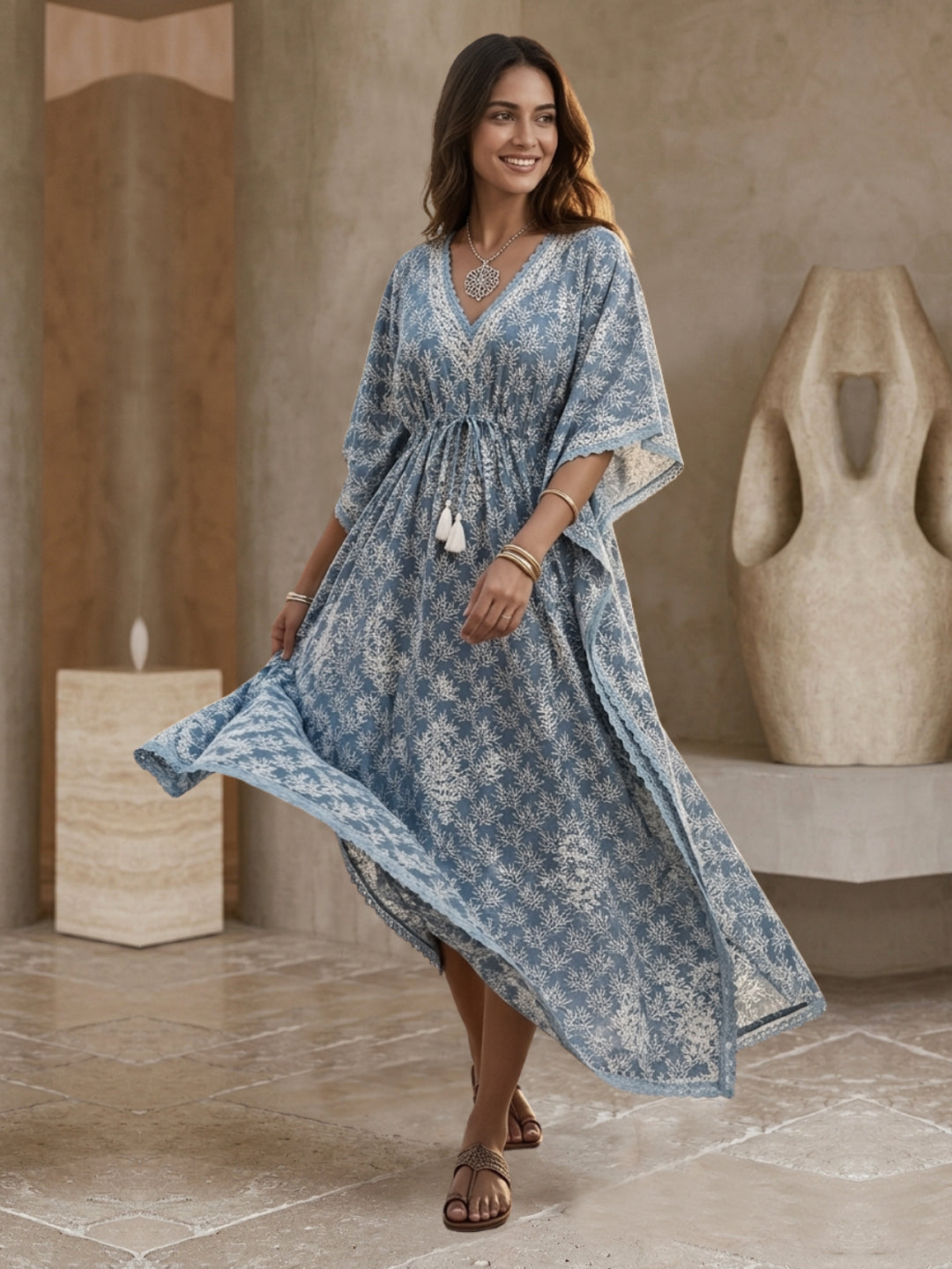 Hand Embroidered Chikankari Cotton Kaftan-AL3833 New Grey