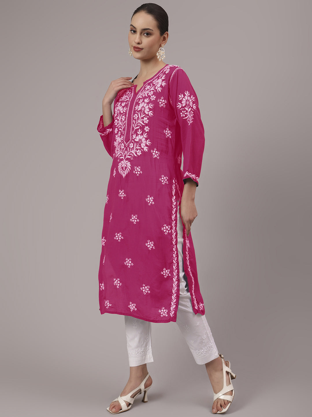 Women Hand Embroidered Chikankari Modal Kurta-AL4059 Magenta