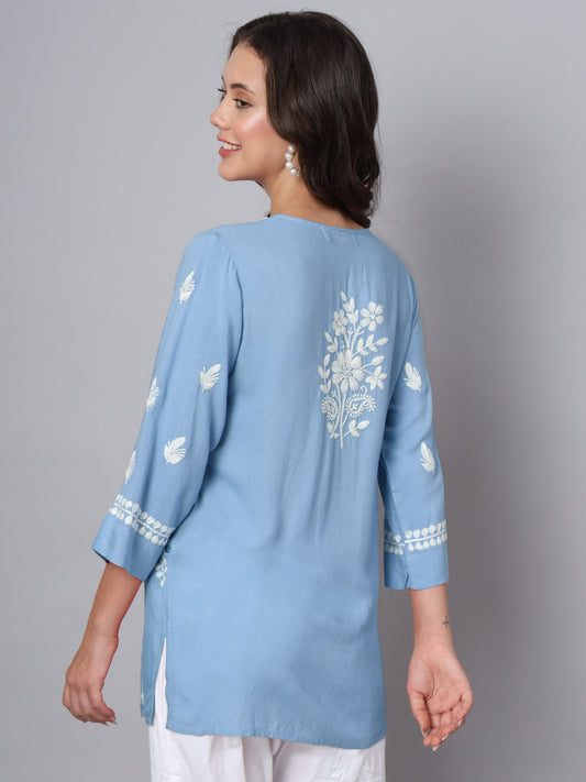 Women Hand Embroidered Chikankari Rayon Kurti with Pockets-AL3696 Blue