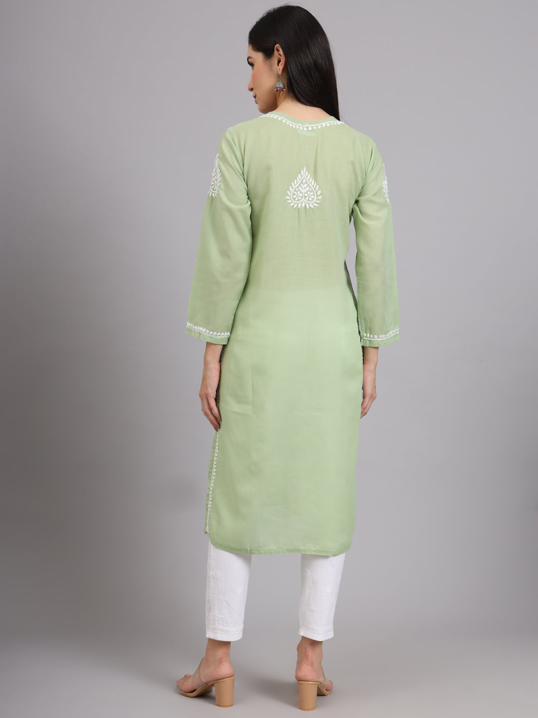 Hand Embroidered Chikankari Cotton Straight Kurta-AL3997 Green