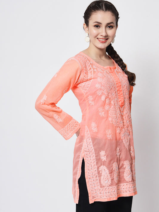 Hand Embroidered Chikankari Cotton Straight Kurti-AL3595 Darkpink