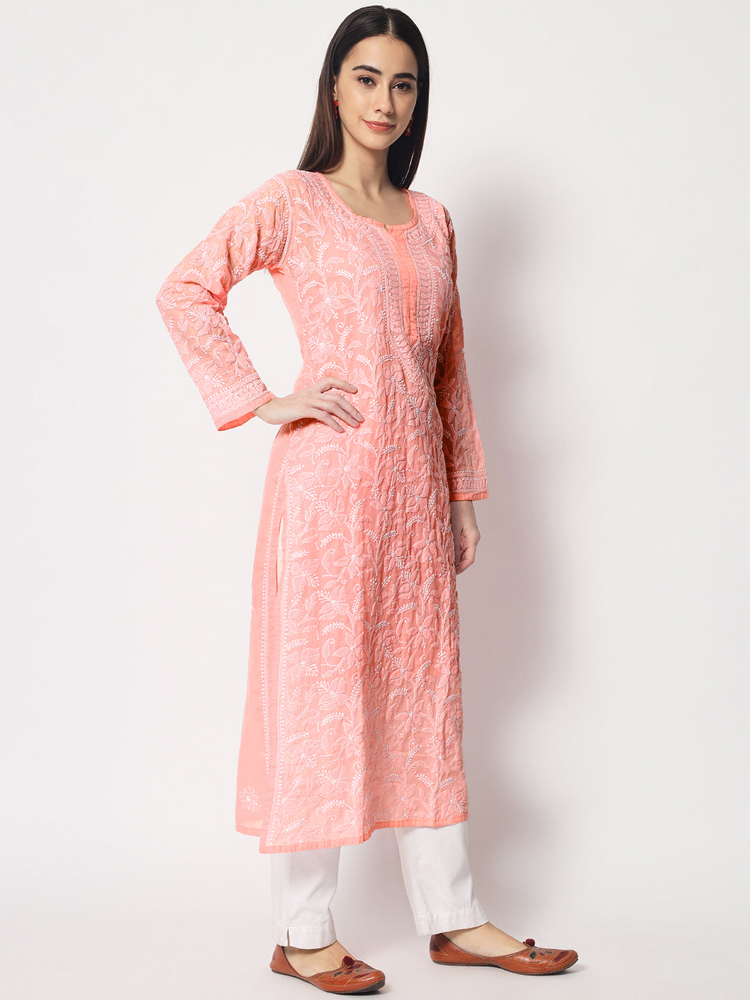 Women Hand Embroidered Chikankari Cotton Straight Kurta- AL3592 Darkpeach