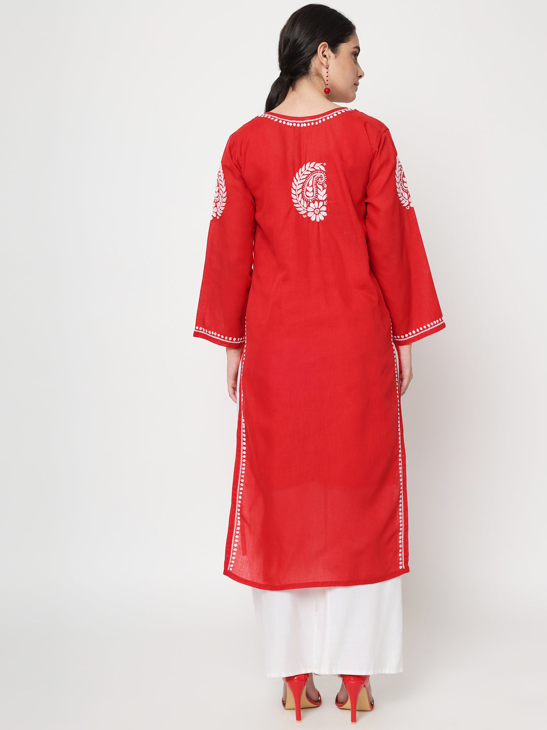 Hand Embroidered Red Chikankari Cotton Straight Kurta- AL3561
