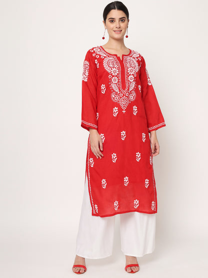 Hand Embroidered Red Chikankari Cotton Straight Kurta- AL3561