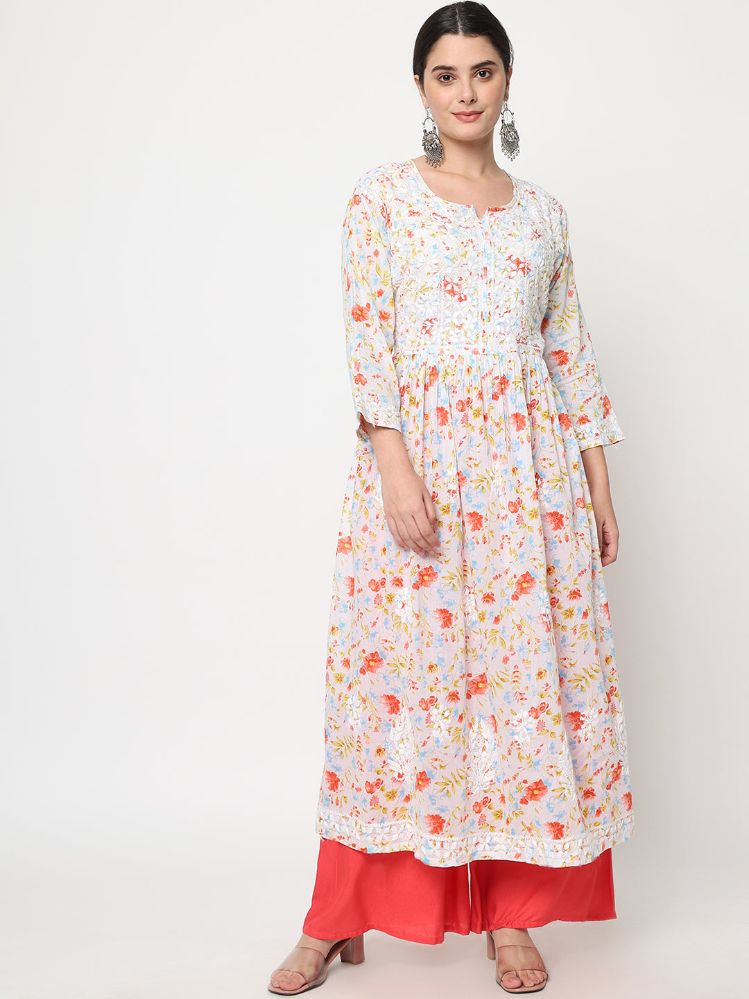 Women Hand Embroidered Chikankari Cotton Kurta-AL3582 Pink