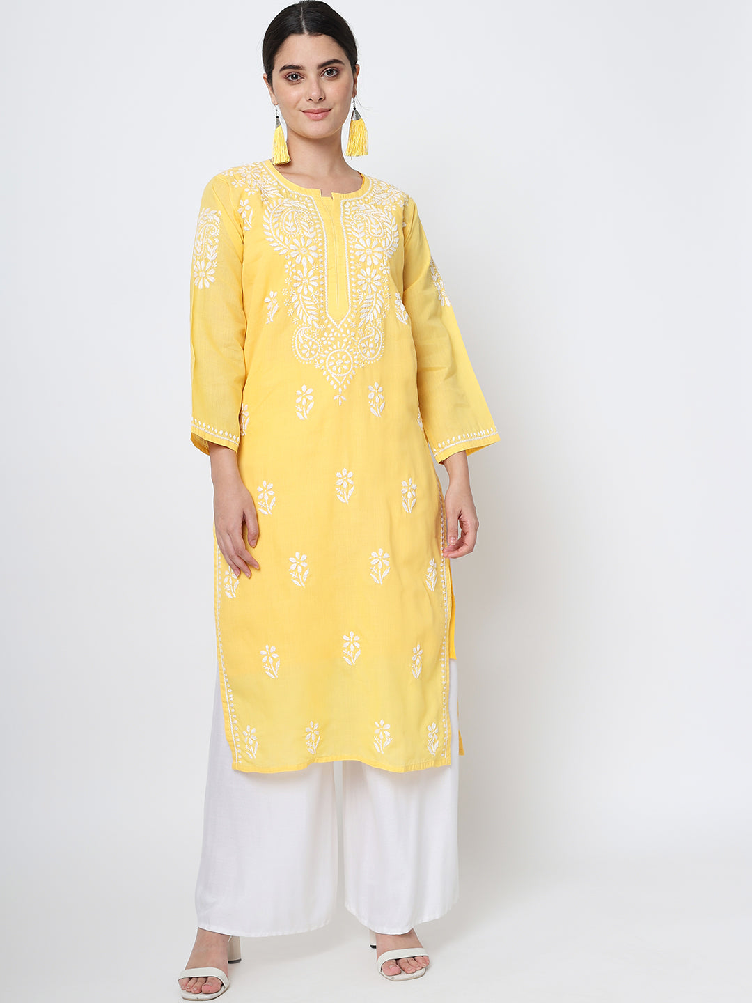 Hand Embroidered Chikankari Cotton Straight Kurta- AL3561 Yellow