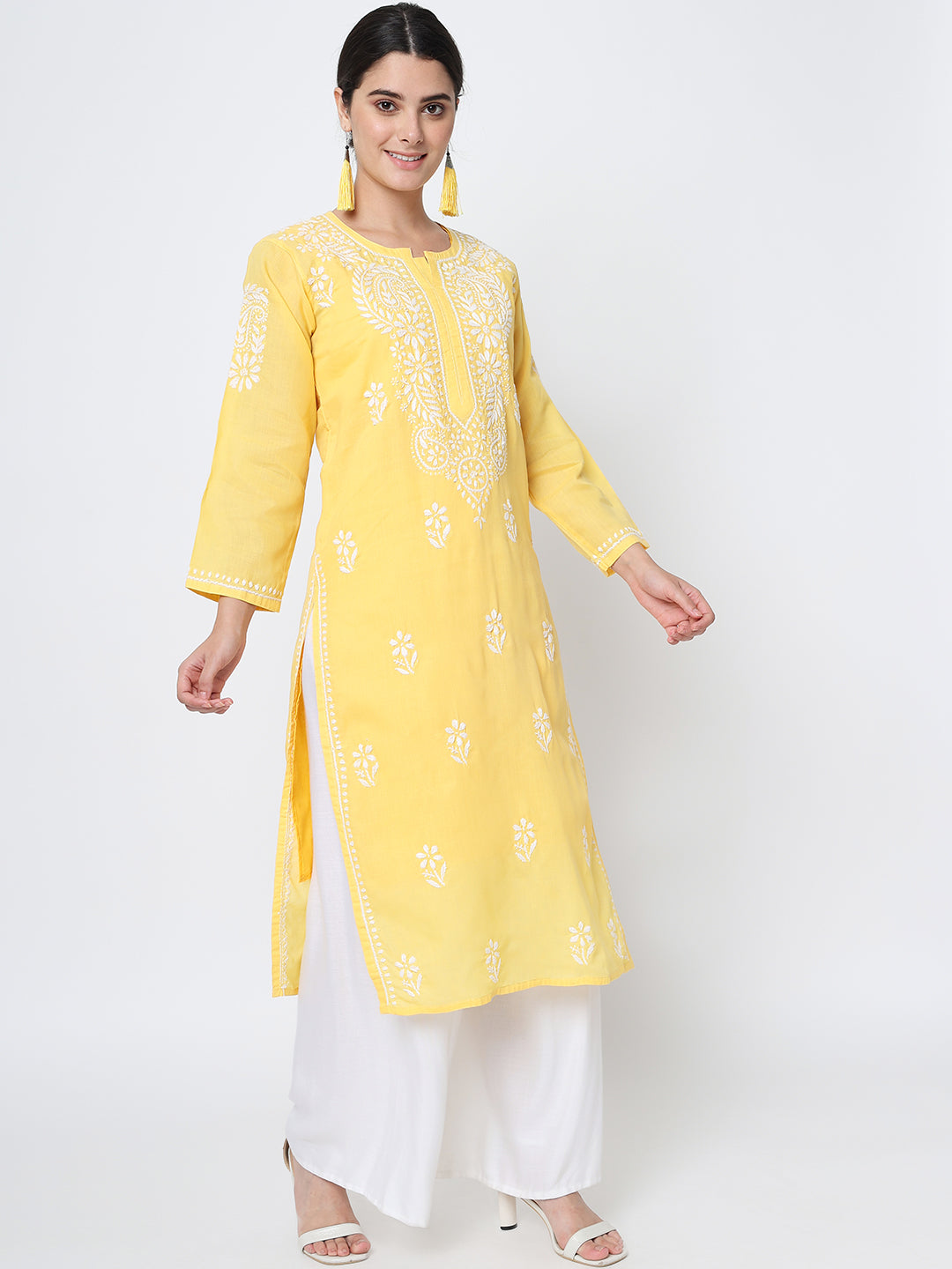 Hand Embroidered Chikankari Cotton Straight Kurta- AL3561 Yellow