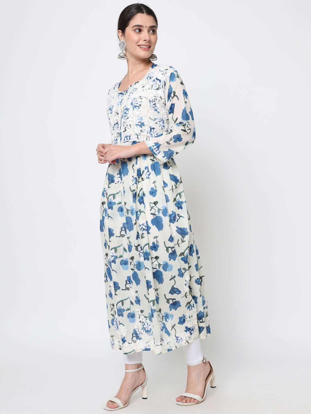 Women Hand Embroidered Chikankari Cotton Kurta-AL3580 Navy