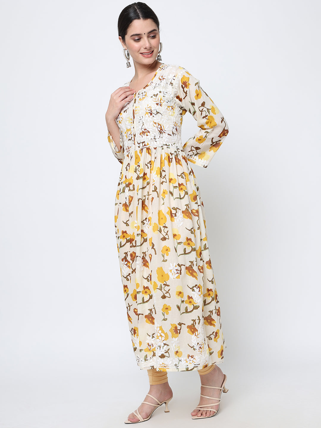Women Hand Embroidered Chikankari Cotton Kurta-AL3580 Yellow