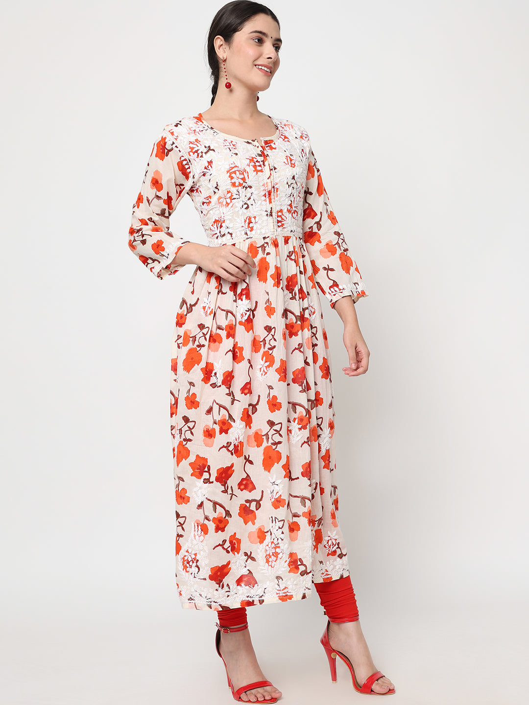 Women Hand Embroidered Chikankari Cotton Kurta-AL3580 Orange