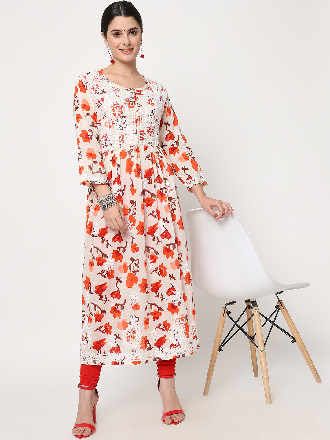 Women Hand Embroidered Chikankari Cotton Kurta-AL3580 Orange