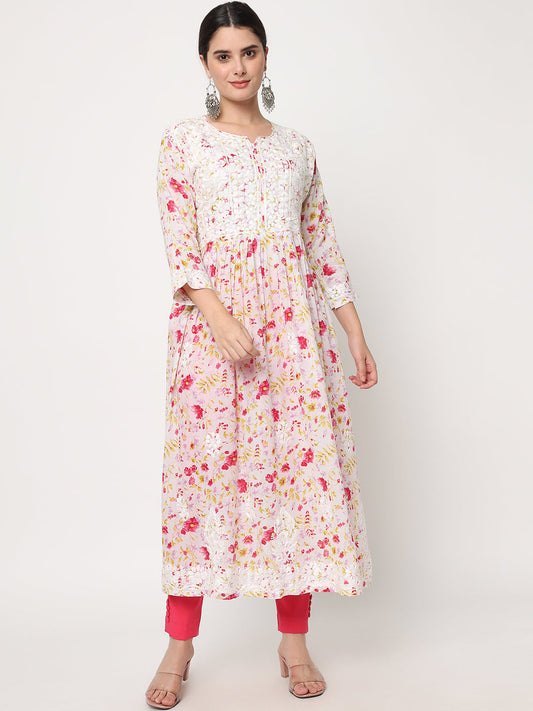 Women Hand Embroidered Chikankari Cotton Kurta-AL3582 Pink