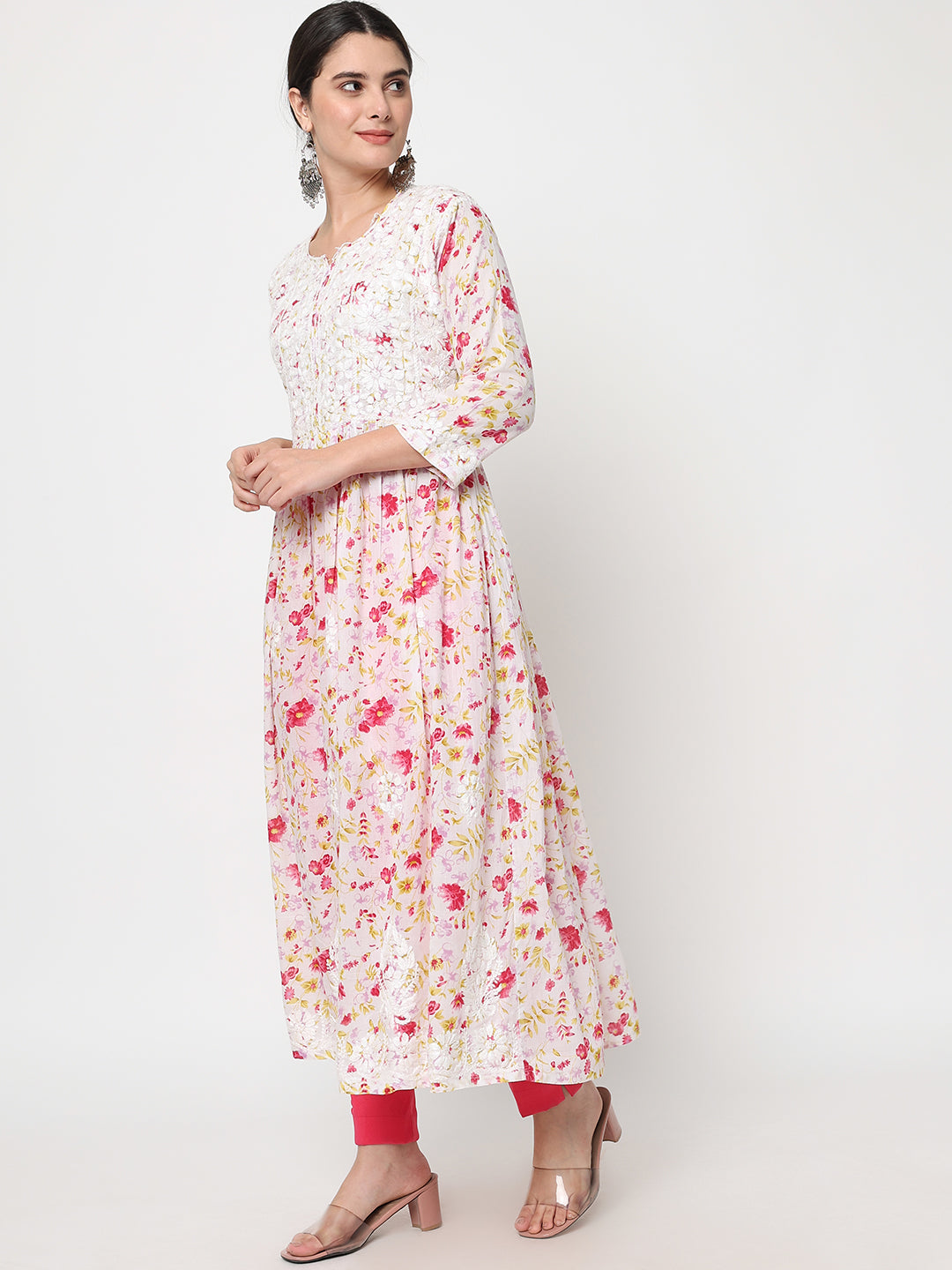 Women Hand Embroidered Chikankari Cotton Kurta-AL3582 Orange