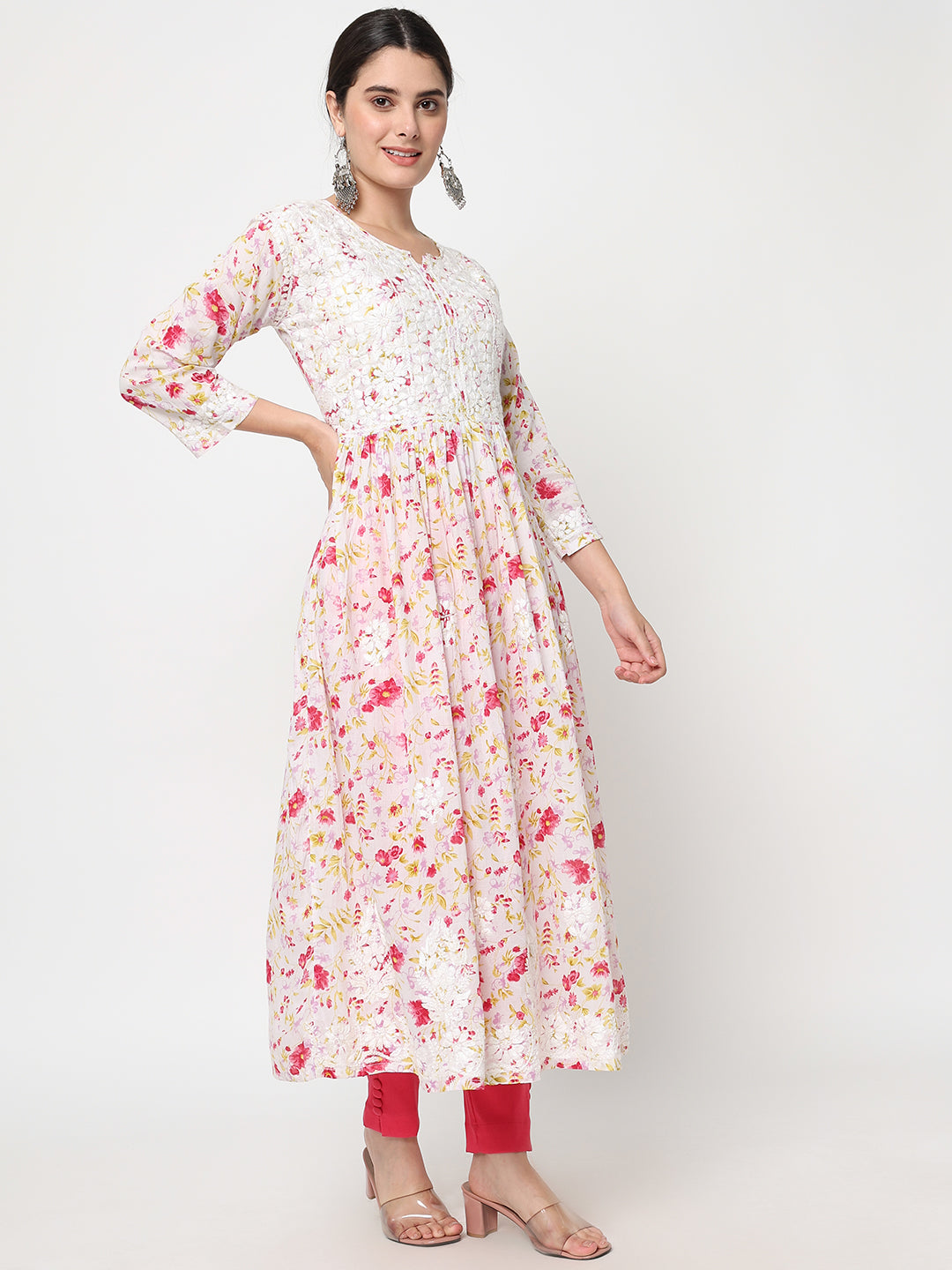 Women Hand Embroidered Chikankari Cotton Kurta-AL3582 Orange