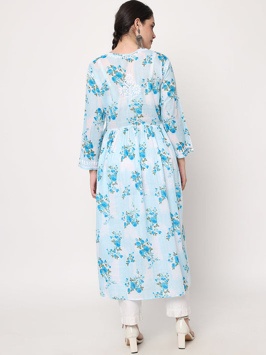 Women Hand Embroidered Chikankari Cotton Kurta-AL3583 Blue