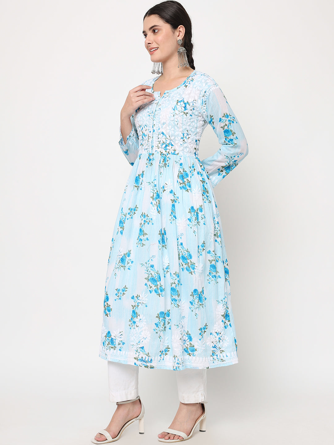 Women Hand Embroidered Chikankari Cotton Kurta-AL3583 Blue